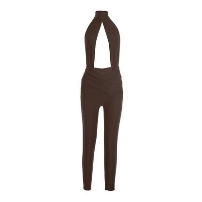 Halter hollow out ruched backless jumpsuit  | Festival Outfits Women