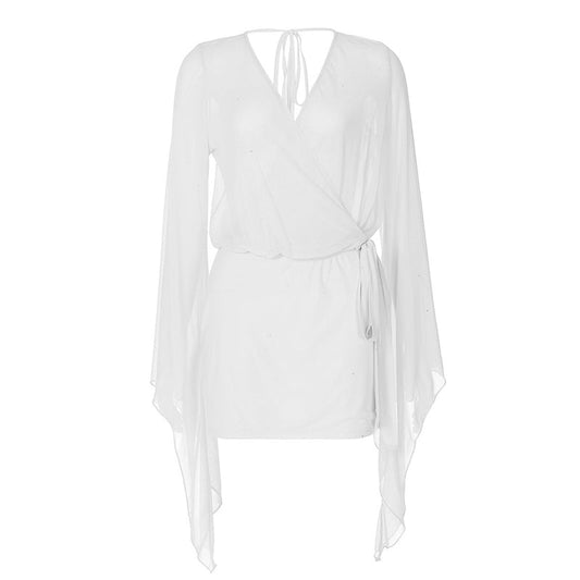 Long sleeve v neck backless mesh self tie mini dress  | Festival Outfits Women