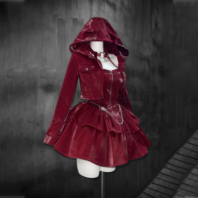 Long sleeve hoodie PU leather halter zip-up 2 piece mini dress  | Festival Outfits Women