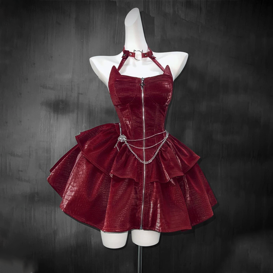 Long sleeve hoodie PU leather halter zip-up 2 piece mini dress  | Festival Outfits Women
