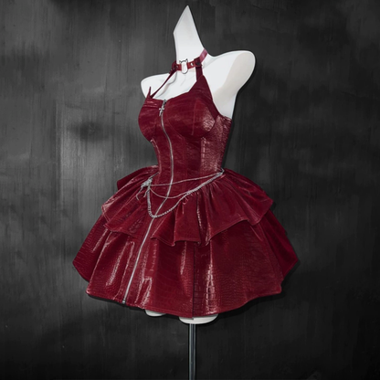 Long sleeve hoodie PU leather halter zip-up 2 piece mini dress  | Festival Outfits Women