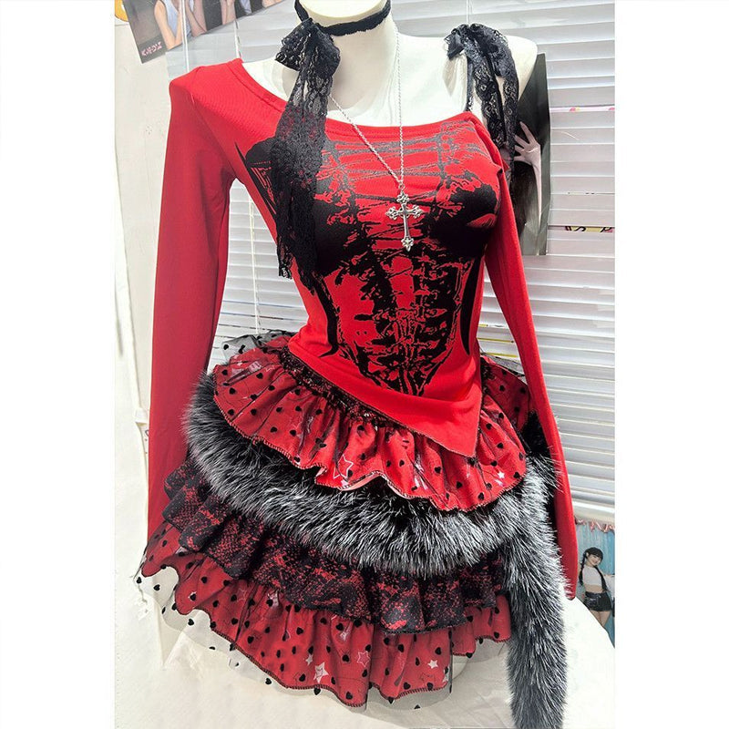 Long sleeve fluffy polka dot lace hem mini skirt set  | Festival Outfits Women