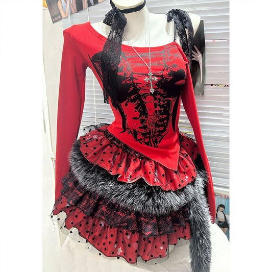 Long sleeve fluffy polka dot lace hem mini skirt set  | Festival Outfits Women