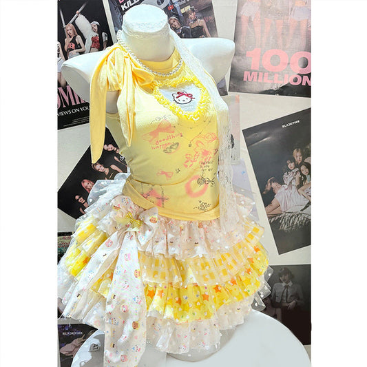 Bowknot " hello kitty " print ruffle mini skirt set  | Festival Outfits Women