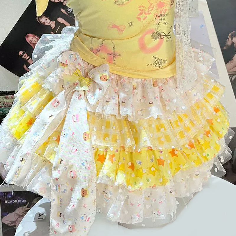 Bowknot " hello kitty " print ruffle mini skirt set  | Festival Outfits Women