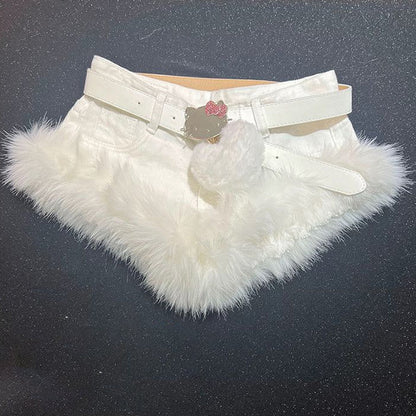 Fluffy low rise belt solid denim shorts without sweetheart applique  | Festival Outfits Women