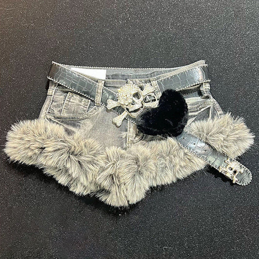 Fluffy low rise belt solid denim shorts without sweetheart applique  | Festival Outfits Women