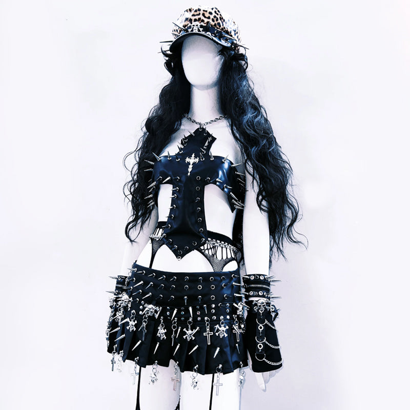 Metal chain rivet applique hollow out cut out top  | Festival Outfits Women