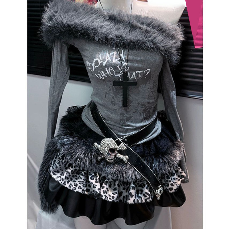 Off shoulder long sleeve fluffy letter print mini skirt set  | Festival Outfits Women