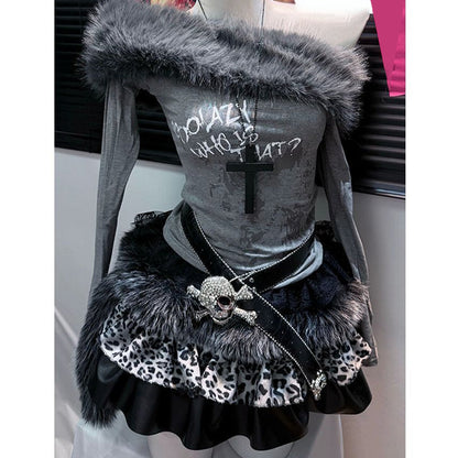 Off shoulder long sleeve fluffy letter print mini skirt set  | Festival Outfits Women
