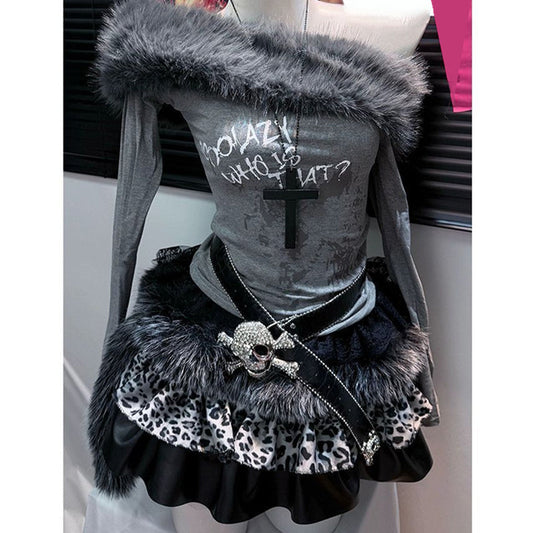 Off shoulder long sleeve fluffy letter print mini skirt set  | Festival Outfits Women