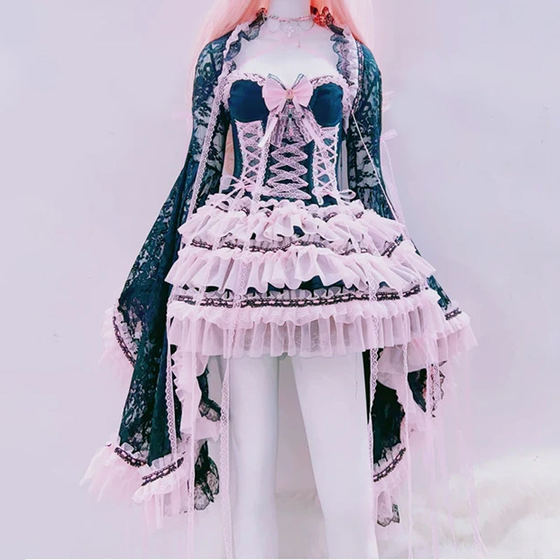 Ruffle bowknot long flared sleeve lace mini skirt set  | Festival Outfits Women