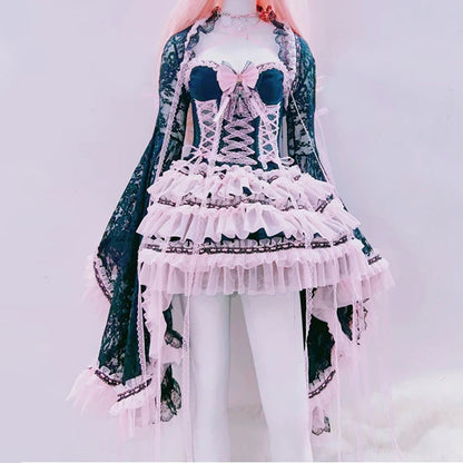 Ruffle bowknot long flared sleeve lace mini skirt set  | Festival Outfits Women