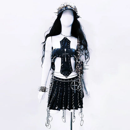 Cross applique metal chain hollow out cut out top  | Festival Outfits Women