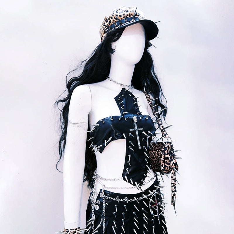 Cross applique metal chain hollow out cut out top  | Festival Outfits Women