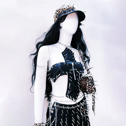 Cross applique metal chain hollow out cut out top  | Festival Outfits Women