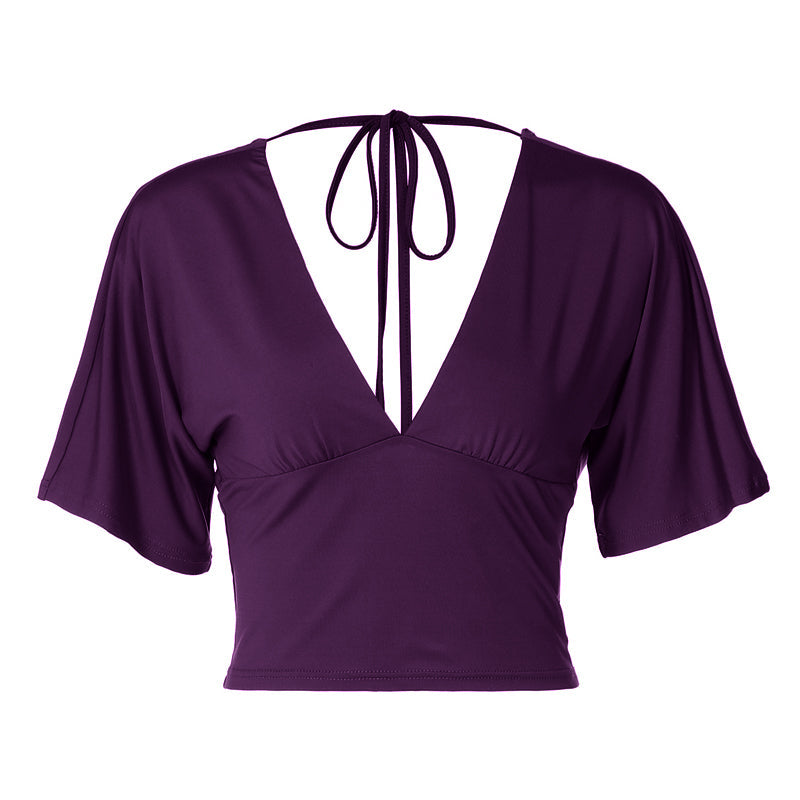 Short sleeve v neck self tie backless top  | Festival Outfits Women