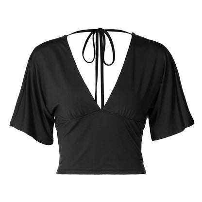 Short sleeve v neck self tie backless top  | Festival Outfits Women