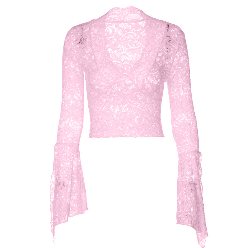 Long flared sleeve lace v neck see through top  | Festival Outfits Women