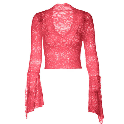 Long flared sleeve lace v neck see through top  | Festival Outfits Women