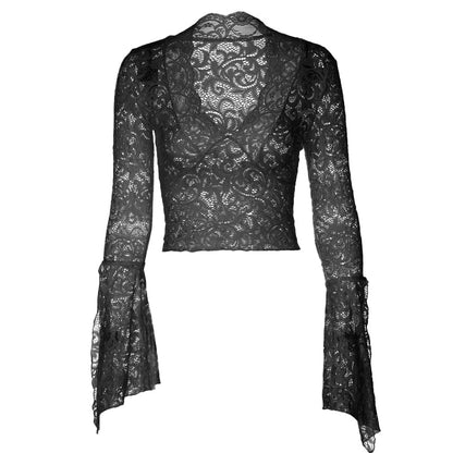 Long flared sleeve lace v neck see through top  | Festival Outfits Women