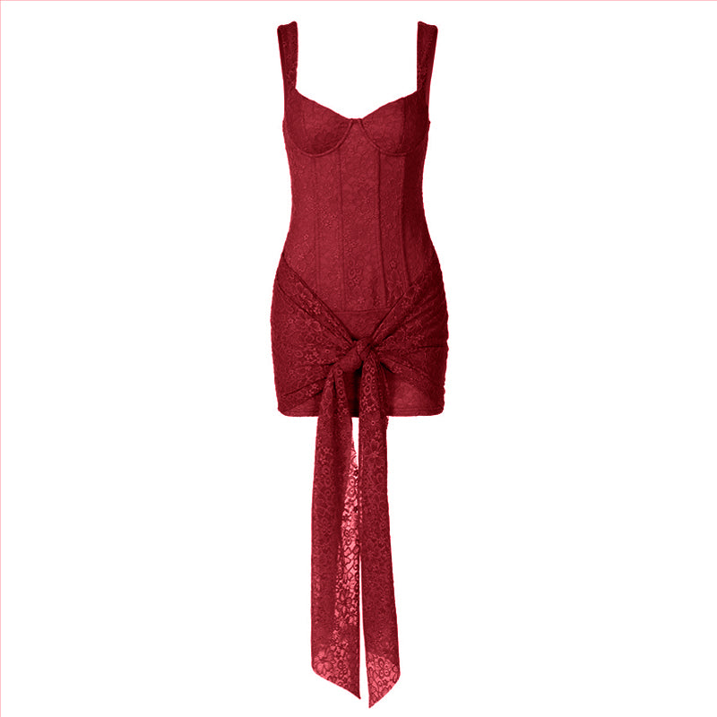 Self tie lace v neck zip-up cami mini dress  | Festival Outfits Women
