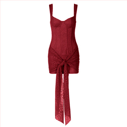 Self tie lace v neck zip-up cami mini dress  | Festival Outfits Women