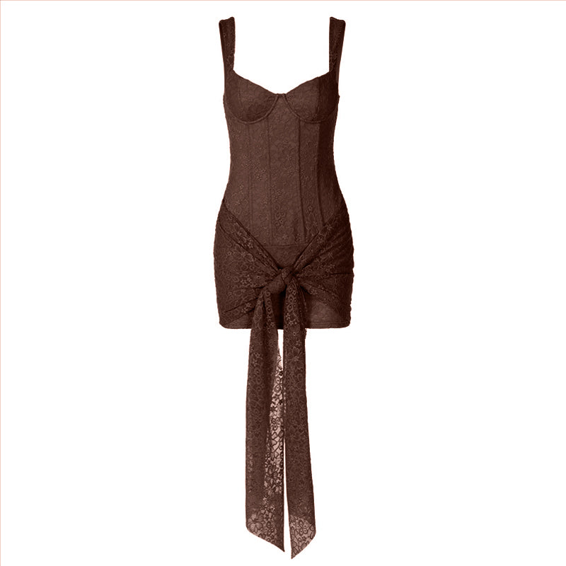 Self tie lace v neck zip-up cami mini dress  | Festival Outfits Women