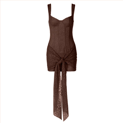 Self tie lace v neck zip-up cami mini dress  | Festival Outfits Women