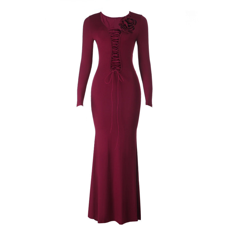 Long sleeve flower applique self tie solid maxi dress  | Festival Outfits Women