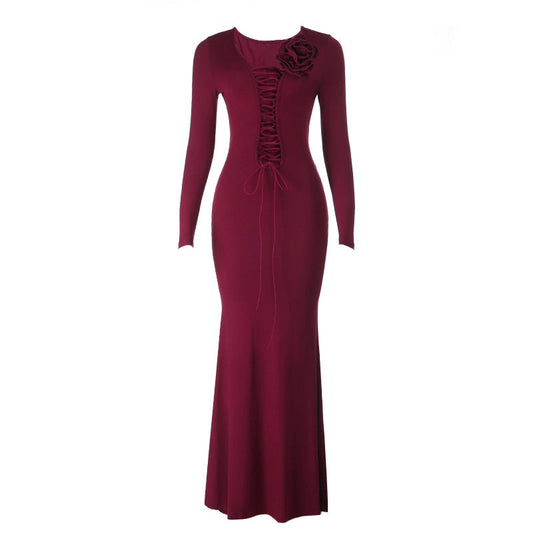 Long sleeve flower applique self tie solid maxi dress  | Festival Outfits Women