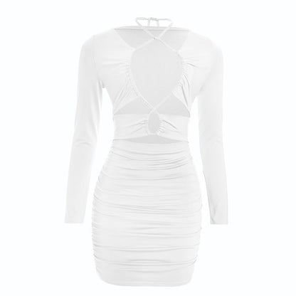 Ruched long sleeve hollow out self tie cut out mini dress  | Festival Outfits Women