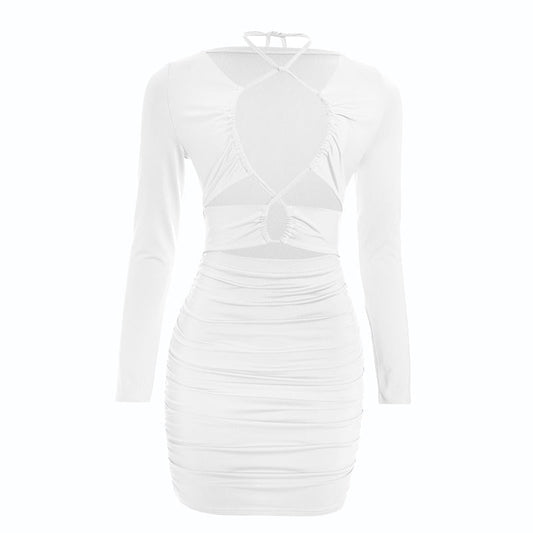 Ruched long sleeve hollow out self tie cut out mini dress  | Festival Outfits Women