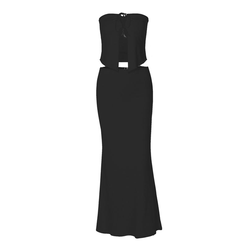 Self tie backless solid tube maxi skirt set  | Festival Outfits Women