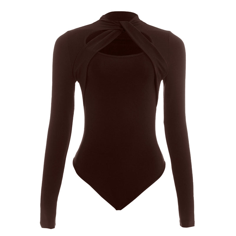 Long sleeve hollow out crewneck button bodysuit  | Festival Outfits Women