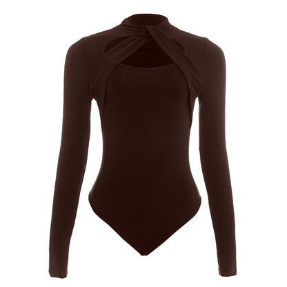 Long sleeve hollow out crewneck button bodysuit  | Festival Outfits Women