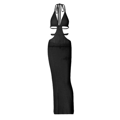 Halter self tie hollow out v neck cut out maxi dress  | Festival Outfits Women