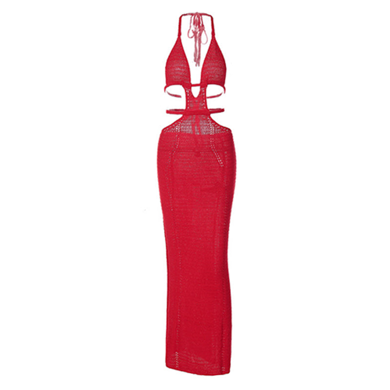 Halter self tie hollow out v neck cut out maxi dress  | Festival Outfits Women