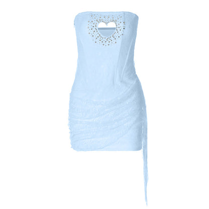 Hollow out beaded lace irregular tube cut out mini dress  | Festival Outfits Women
