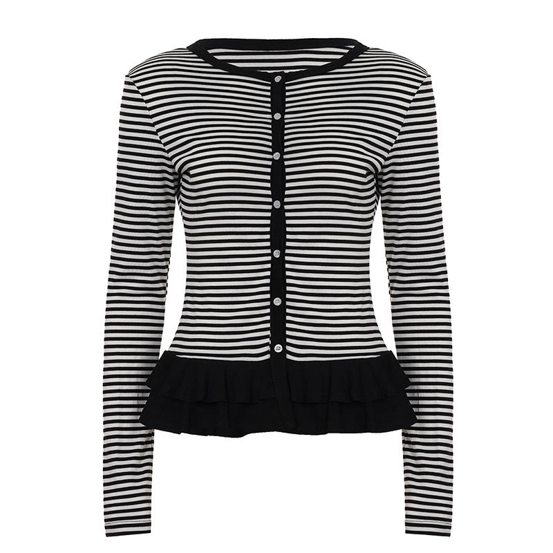 Crewneck button long sleeve ruffle striped top  | Festival Outfits Women