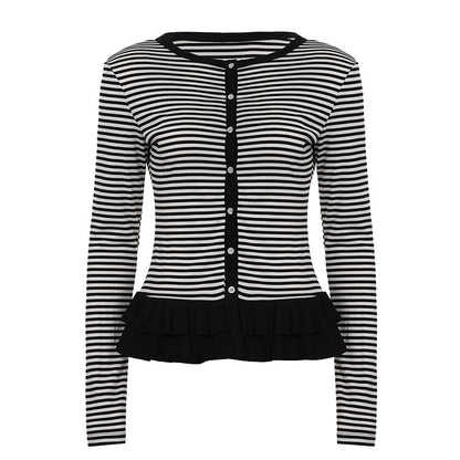 Crewneck button long sleeve ruffle striped top  | Festival Outfits Women