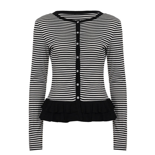Crewneck button long sleeve ruffle striped top  | Festival Outfits Women
