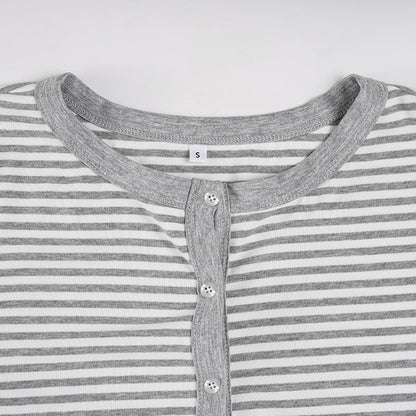 Crewneck button long sleeve ruffle striped top  | Festival Outfits Women