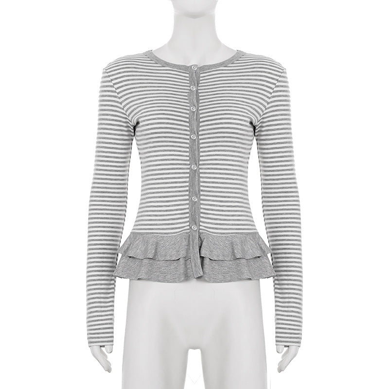Crewneck button long sleeve ruffle striped top  | Festival Outfits Women