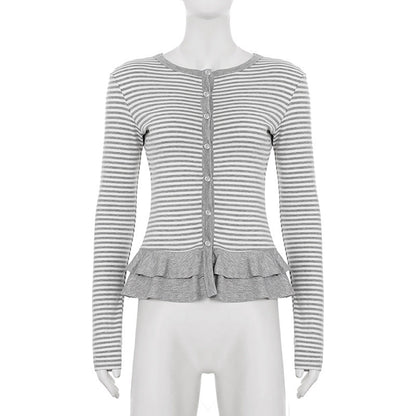 Crewneck button long sleeve ruffle striped top  | Festival Outfits Women