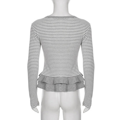 Crewneck button long sleeve ruffle striped top  | Festival Outfits Women