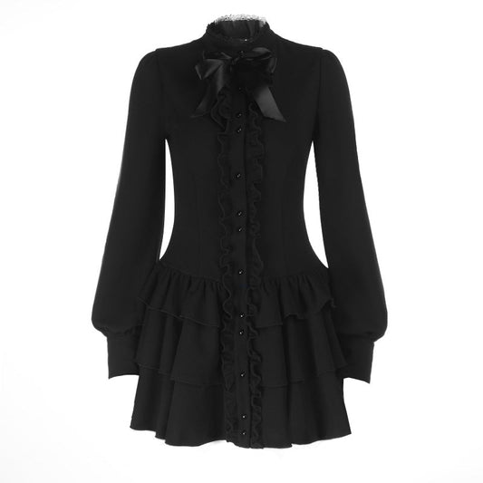 Bowknot long sleeve ruffle solid mini dress  | Festival Outfits Women