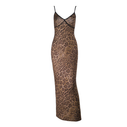 Leopard print v neck backless cami maxi dress  | Festival Outfits Women