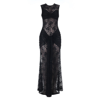 Crewneck sleeveless ruched lace maxi dress  | Festival Outfits Women