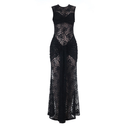 Crewneck sleeveless ruched lace maxi dress  | Festival Outfits Women